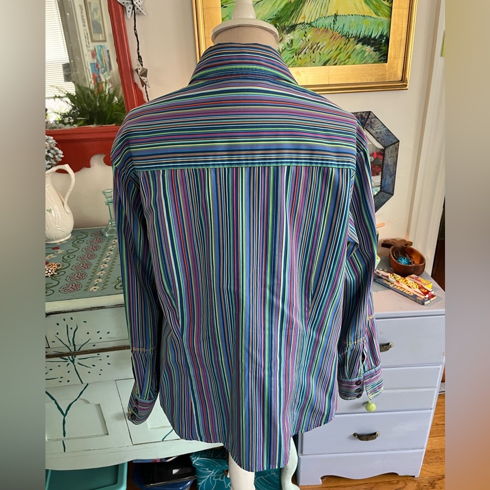 Liz Claiborne Striped Rainbow Blouse L Yellow Stitching VGUC Modern Arty - Picture 2 of 5